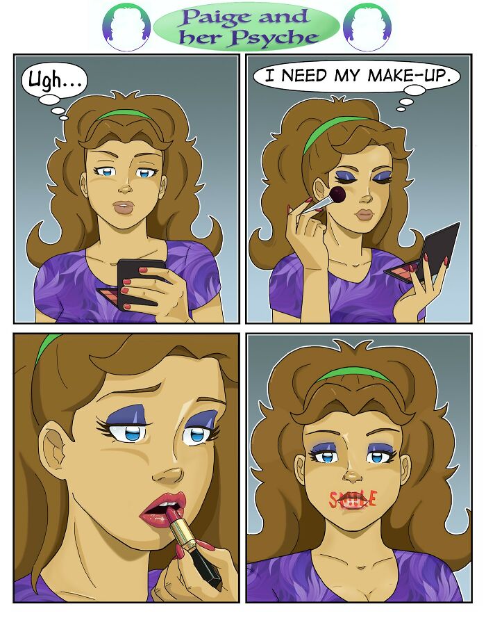 Comic panels of a woman applying makeup with relatable humor in Eric Salinas comics from Paige and Her Psyche series.