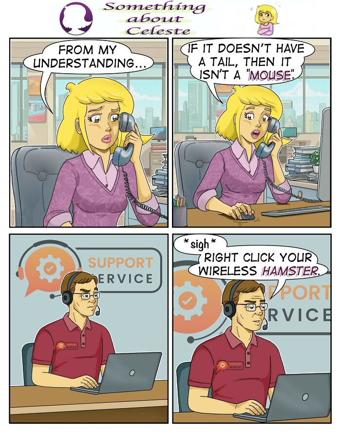 Comic panels by Eric Salinas showing a woman confused on a call and a support agent explaining with humor.