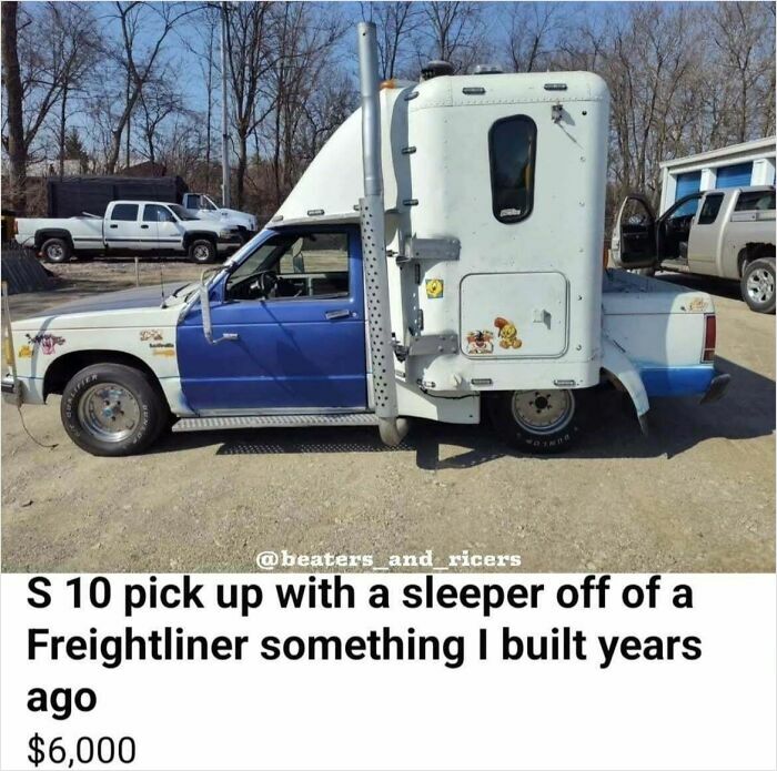 S 10 pickup truck modified with a Freightliner sleeper, an example of creative redneck engineering and macgyvering skills.