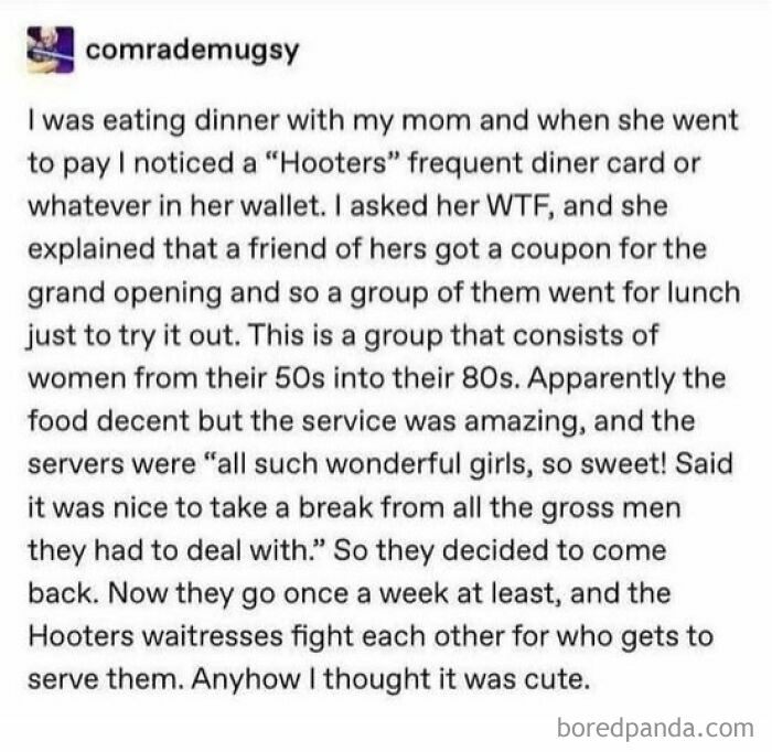 Tumblr post sharing a relatable and random story about a group of older women enjoying weekly visits to Hooters.