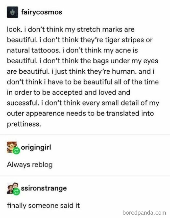 Tumblr post discussing self-acceptance and human imperfections, relatable content from random Tumblr posts.
