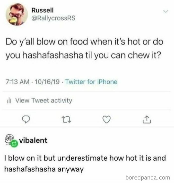 Tumblr post showing a humorous relatable tweet about blowing on hot food before eating from a random Tumblr post.