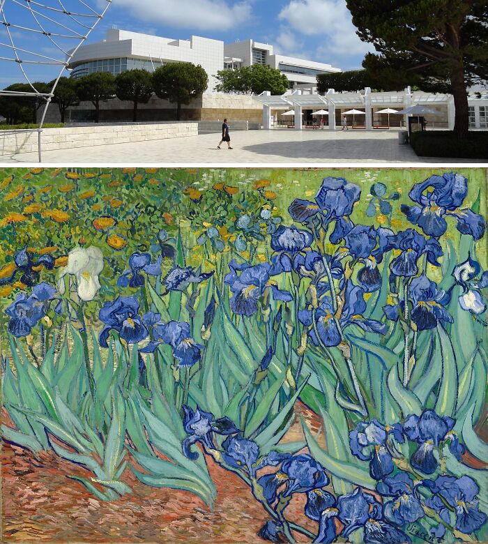 Modern museum exterior with a person walking, and a famous painting of irises showcasing locations of the most famous paintings.