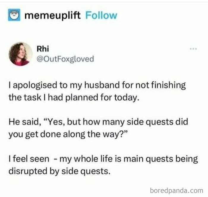 Tumblr post about life’s main quests being disrupted by side quests, showing relatable randomness and humor.