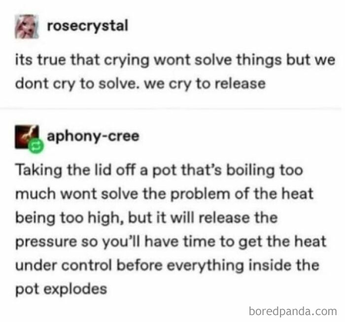 Tumblr post about crying as emotional release, comparing it to releasing pressure from a boiling pot to prevent explosion.