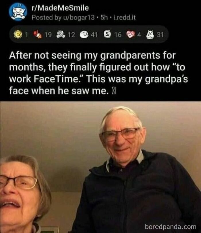 Elderly couple smiling during a FaceTime call, showing a relatable moment in random Tumblr posts.