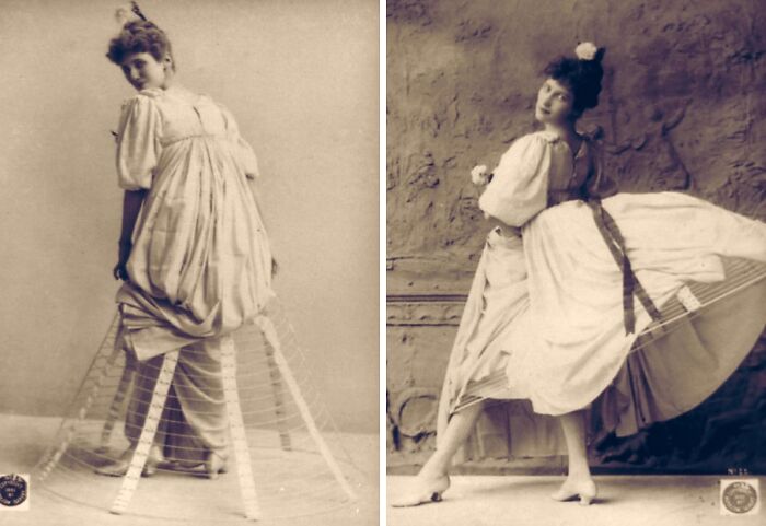 Vintage rare historical photographs of women in elaborate hoop skirts showcasing unique 19th-century fashion styles.