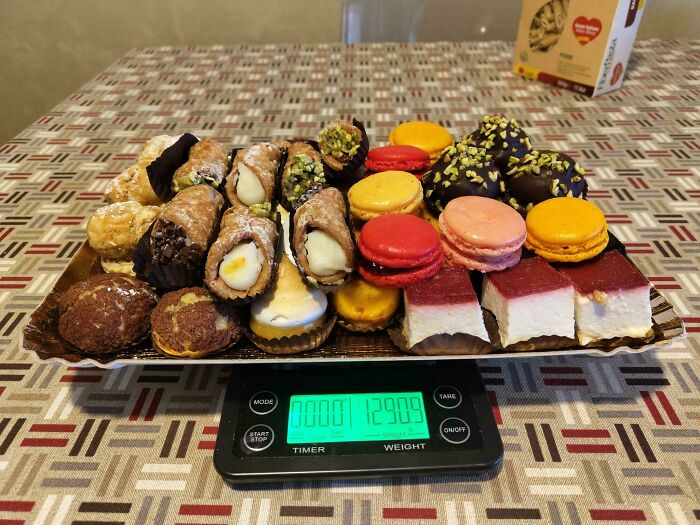 Assorted desserts including cannoli, macarons, and cake slices on a scale representing unbelievable luck moment.