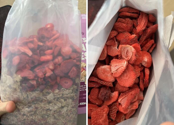 Clear bag holding granola and freeze-dried strawberries, showing an example of unbelievable luck in food packaging.