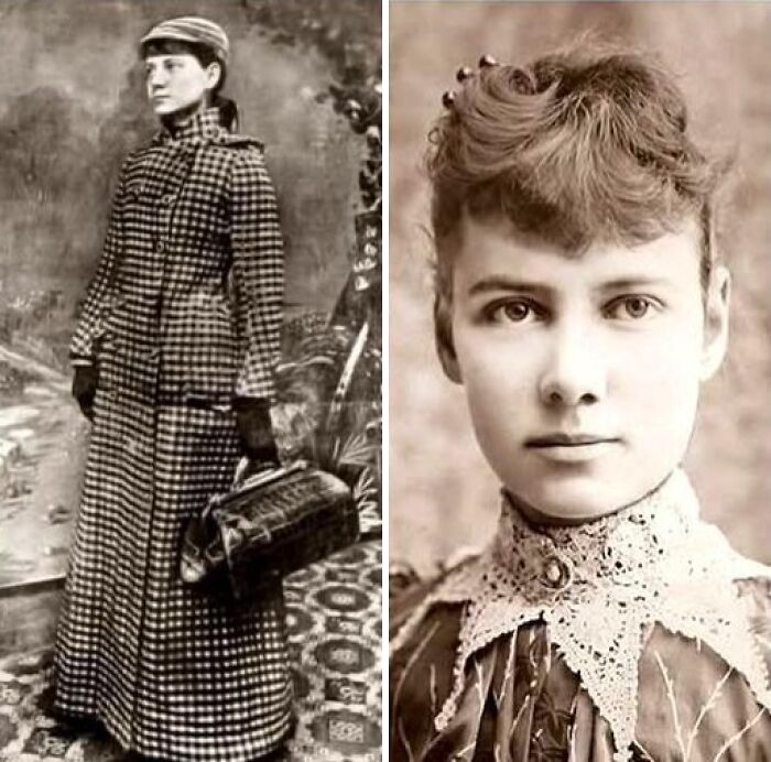 Side-by-side unique old photos showing a woman in vintage attire, illustrating captivating stories behind them.
