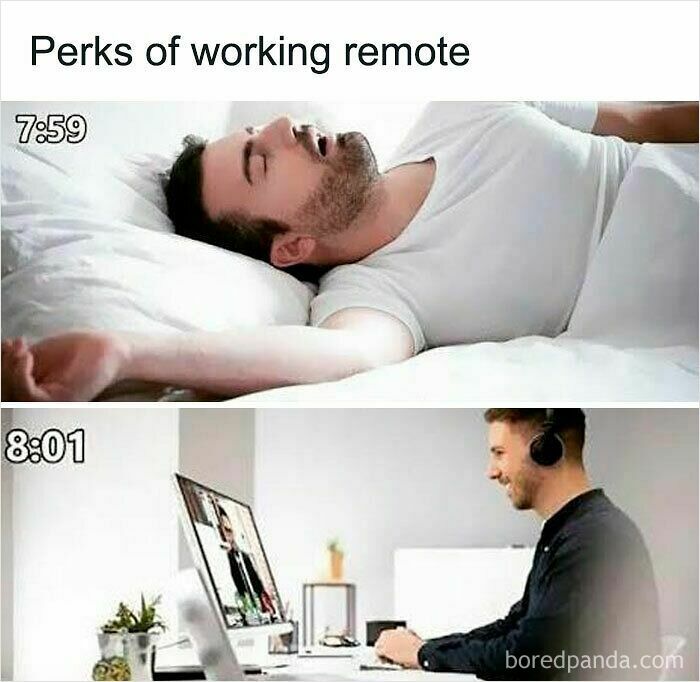 Man enjoying perks of working remote by sleeping at 7:59 and starting work at his computer at 8:01 in funny WFH meme