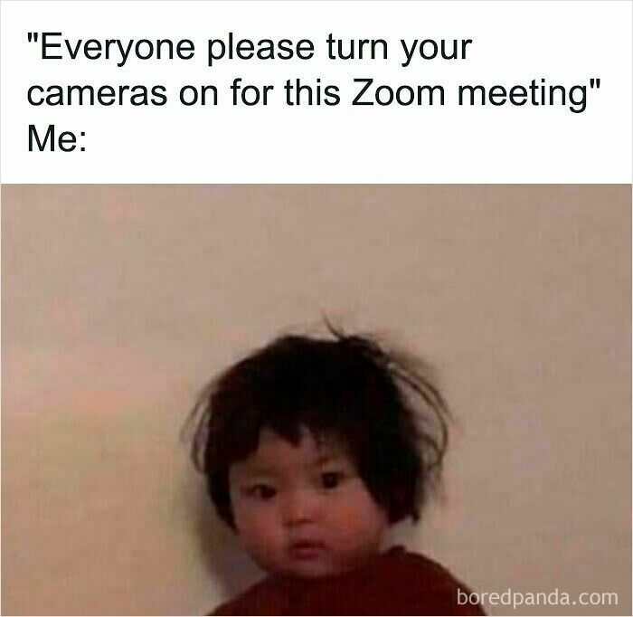 Child with messy hair looking tired, illustrating a funny work from home meme about avoiding turning on cameras in Zoom meetings.