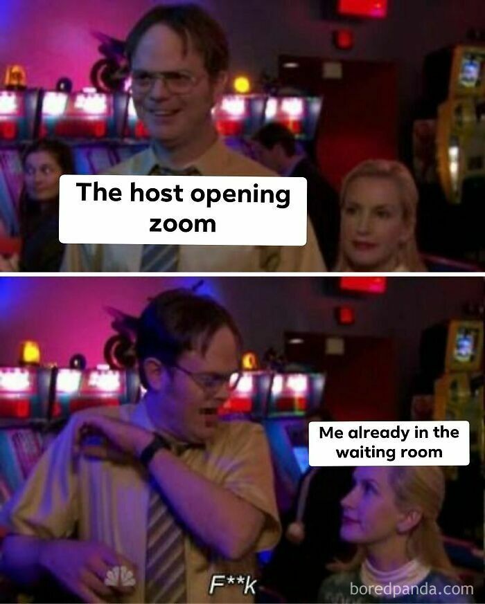 Scene from The Office showing a Zoom meeting meme, highlighting funny WFH moments with coworkers in a virtual setting.