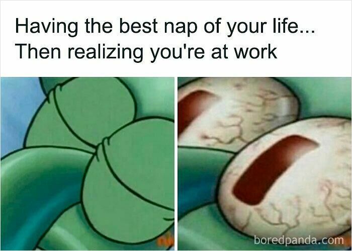 Cartoon character shocked upon realizing they are working during a nap, humorous funny WFH meme about remote work struggles.