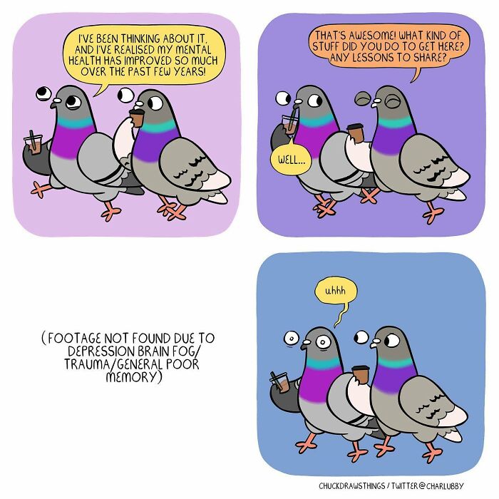 Two pigeons discuss improved mental health and brain fog, illustrating anxiety and depression through pigeon characters.