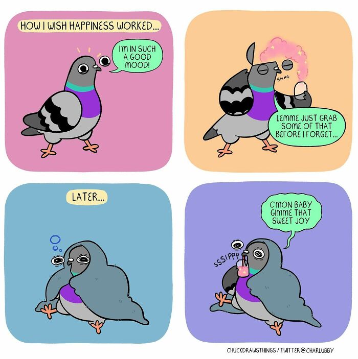 Comic strip of a pigeon depicting living with anxiety and depression, struggling to find happiness and joy.