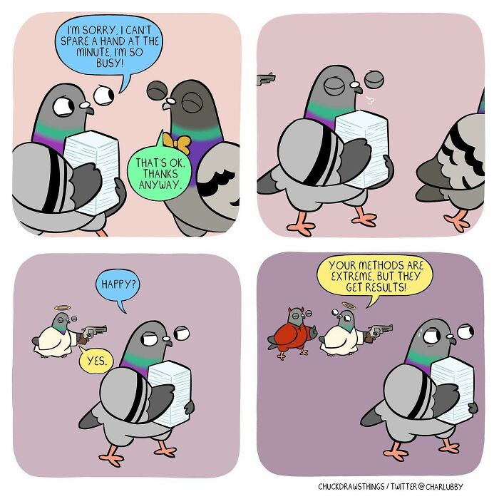 Comic strip illustrating anxiety and depression through the eyes of a pigeon struggling with stress and extreme coping methods.