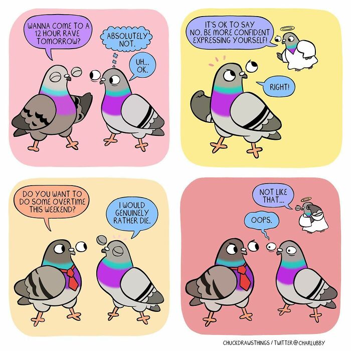 Illustration of pigeons expressing feelings of anxiety and depression through relatable everyday conversations.
