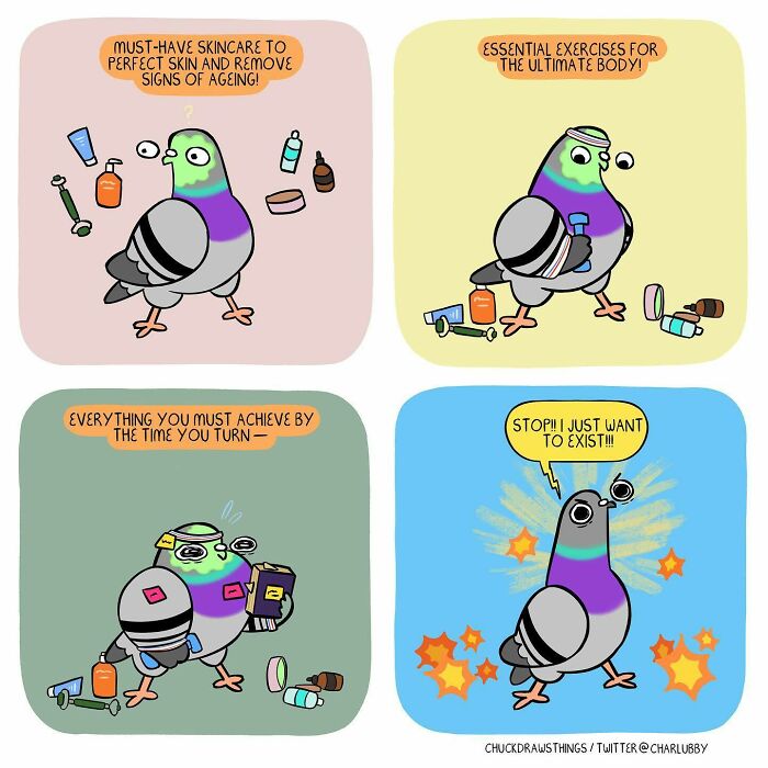 Illustration of a pigeon experiencing anxiety and depression through daily pressures and self-care routines.