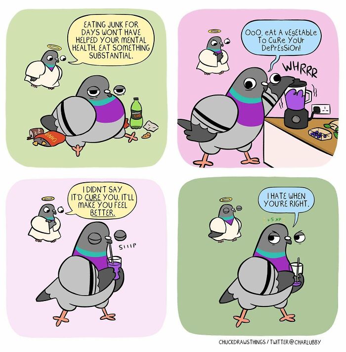 Comic panels showing a pigeon illustrating life with anxiety and depression, featuring dialogue about mental health and coping.