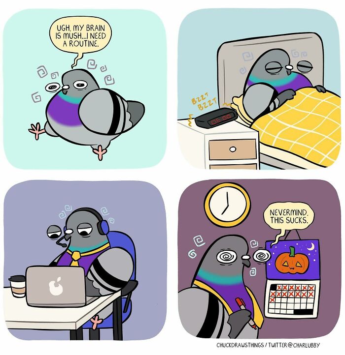 Illustration of a pigeon depicting anxiety and depression through daily struggles and emotional challenges.