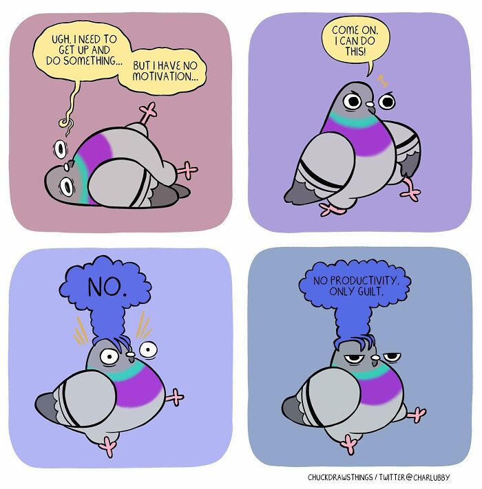 Illustration of a pigeon showing anxiety and depression struggles through expressive comic panels about motivation and guilt.