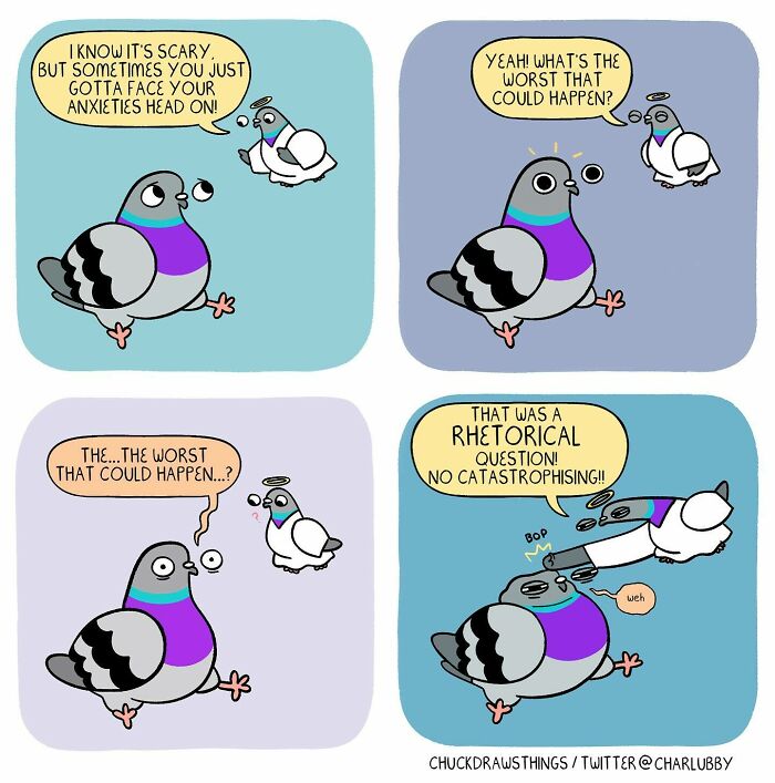Illustration of two pigeons showing anxiety and depression through a conversation about facing fears and catastrophizing.