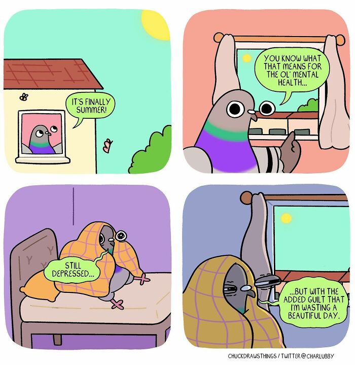 Comic-style illustrations showing a pigeon expressing feelings of anxiety and depression on a sunny day.