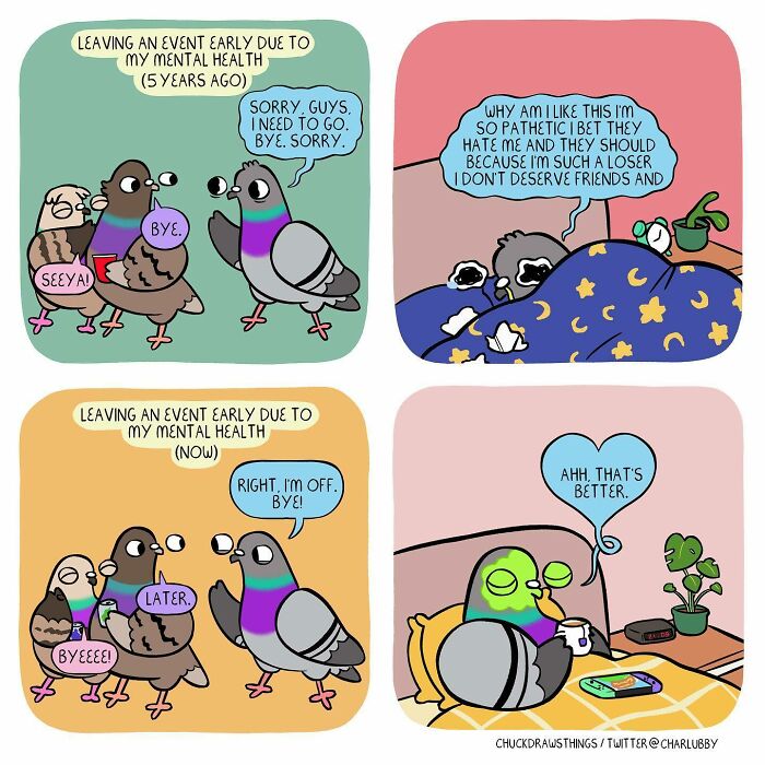 Illustration showing life with anxiety and depression through the eyes of a pigeon during social events and self-care.