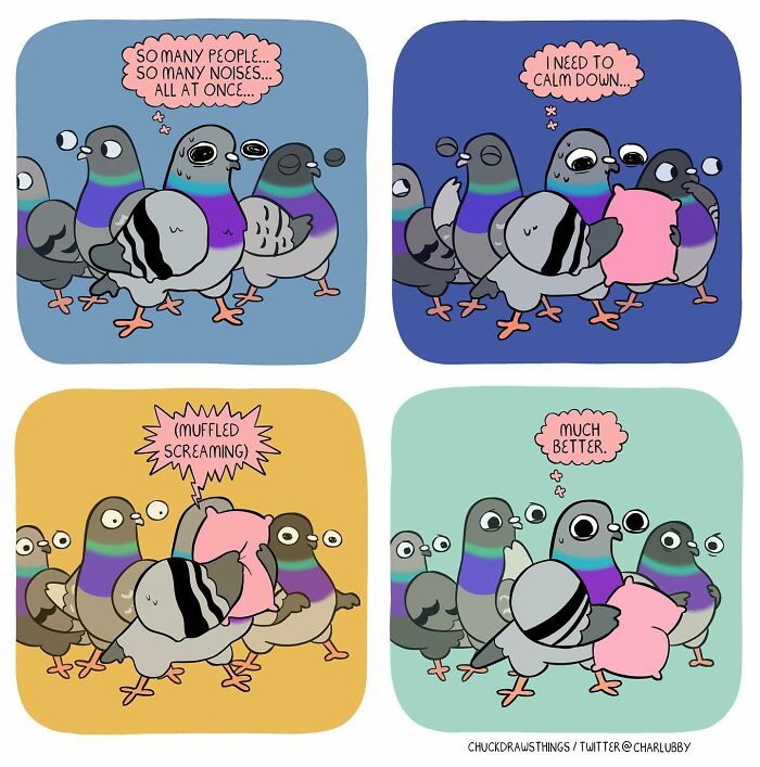 Illustration showing pigeons depicting anxiety and depression, with one calming down using a pink pillow.