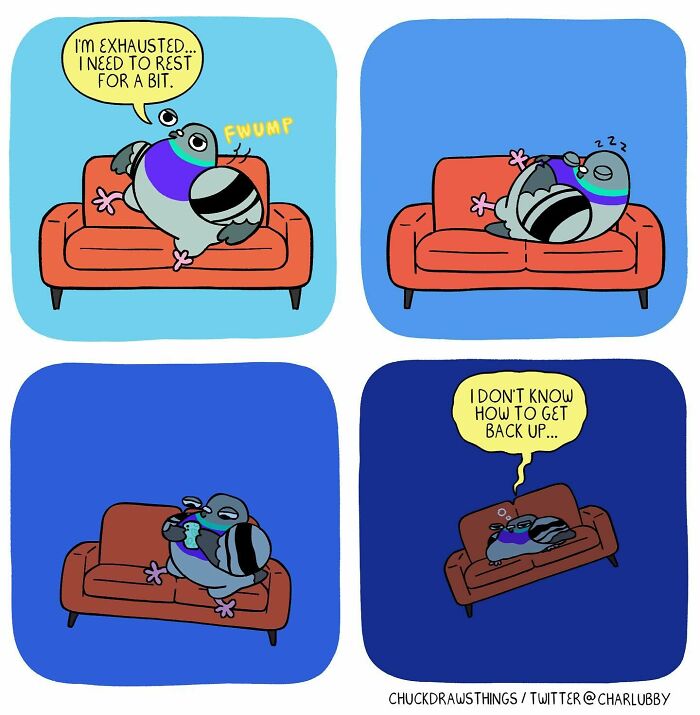 Illustration of a pigeon showing feelings of anxiety and depression while resting and struggling to get back up.