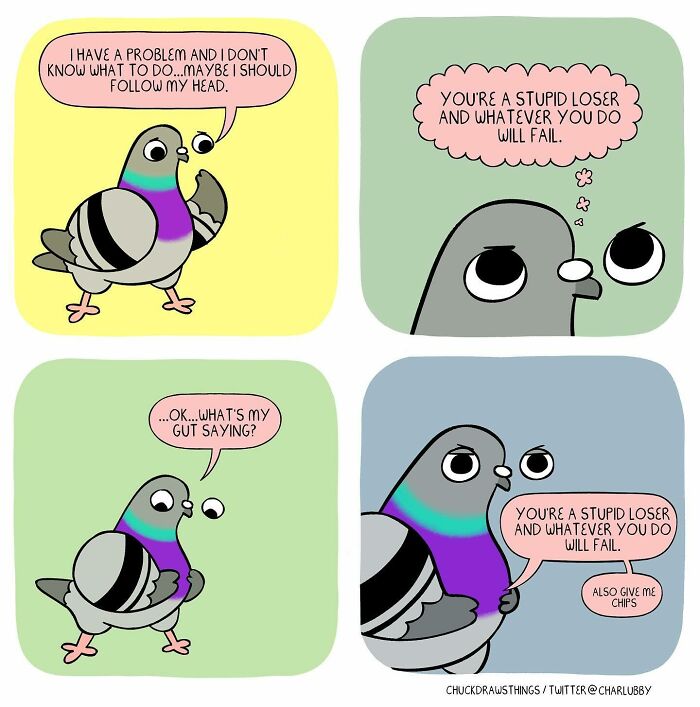 Cartoon pigeon illustrating anxiety and depression through its thoughts and inner dialogue in a colorful comic style.