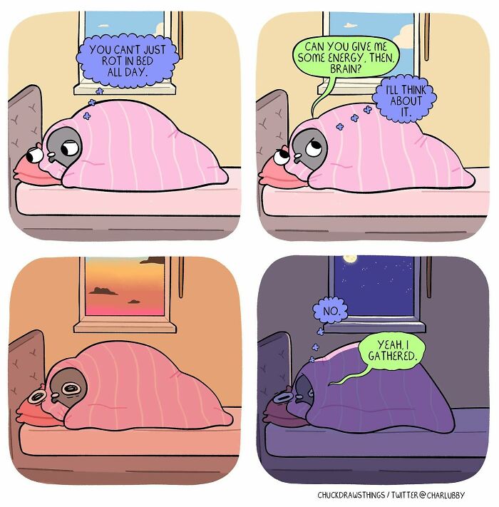 Pigeon illustration showing anxiety and depression symptoms through different times of the day under a blanket.