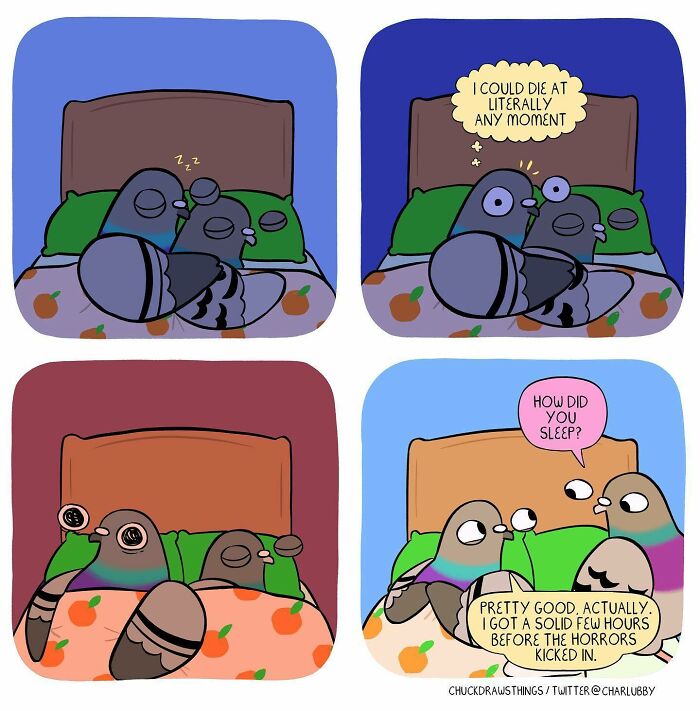 Illustration of pigeons showing anxiety and depression through expressive emotions and dialogue in a bedroom setting.