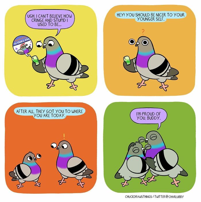 Illustration of a pigeon showing emotions linked to anxiety and depression in four colorful comic panels.