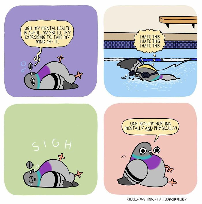 Illustration of a pigeon showing anxiety and depression struggles through exercise and mental health challenges.