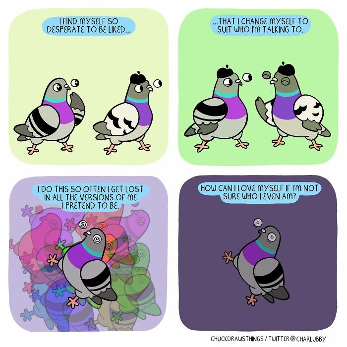 Illustration of pigeons expressing feelings of anxiety and depression through changing identities and self-doubt.