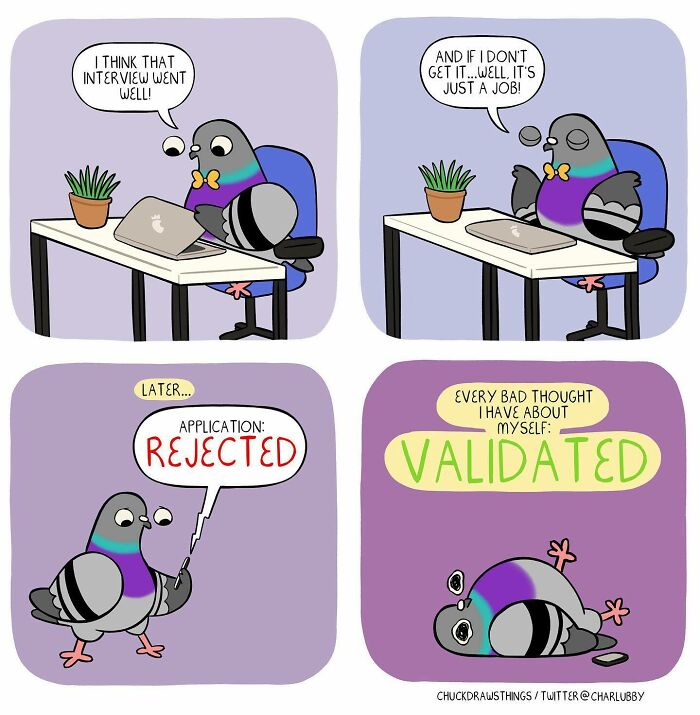 Illustration of living with anxiety and depression through the eyes of a pigeon facing job rejection and self-doubt.