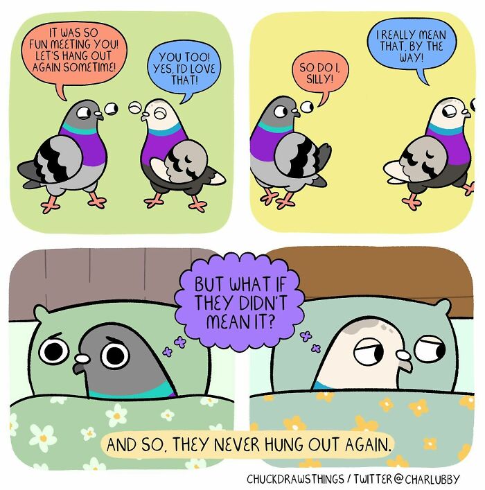 Illustration showing anxious pigeons doubting a friendly invitation, portraying life with anxiety and depression.