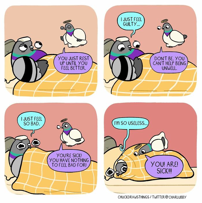 Illustration of a pigeon depicting anxiety and depression through conversations about feeling guilty, sick, and useless.