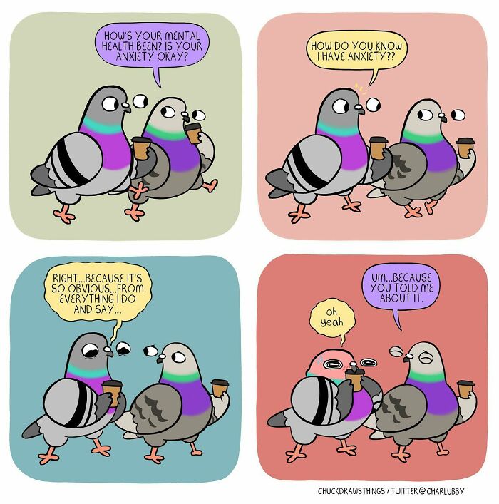 Cartoon pigeons illustrating anxiety and depression through a casual conversation about mental health and awareness.