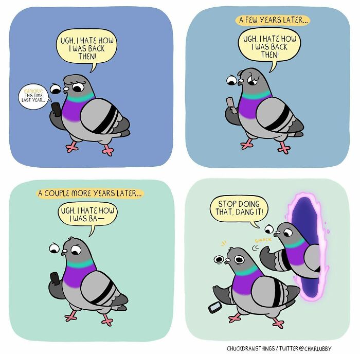 Illustration showing a pigeon struggling with anxiety and depression, reflecting on past self with frustration.