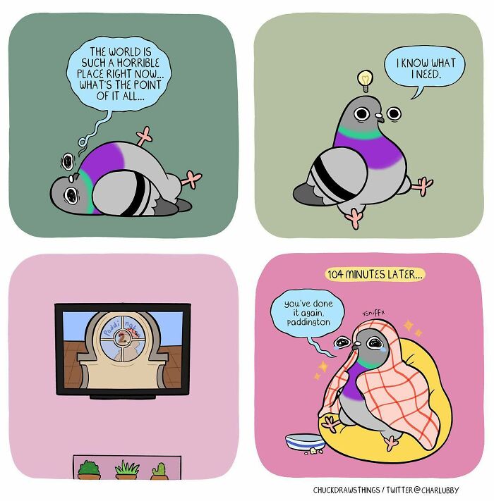 Illustration of a pigeon depicting feelings of anxiety and depression through expressive comic-style panels.