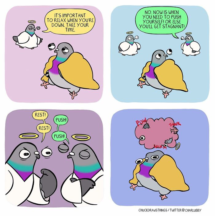 Illustration of anxiety and depression through the eyes of a pigeon with conflicting thoughts and emotions.
