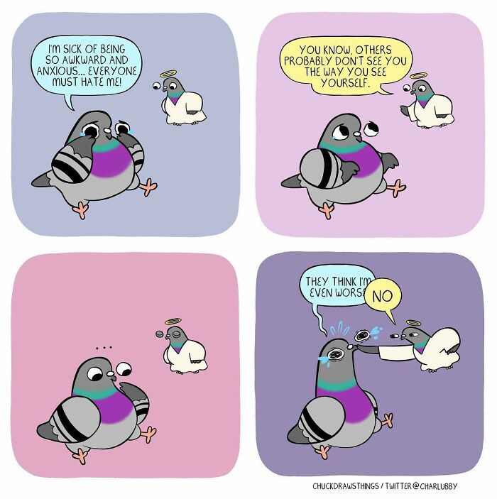 Illustration of a pigeon expressing anxiety and depression with a smaller angel pigeon offering reassurance and support.