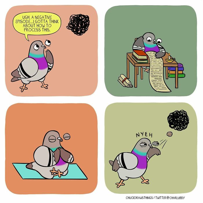 Illustration showing a pigeon expressing anxiety and depression through thoughtful and stressed poses.