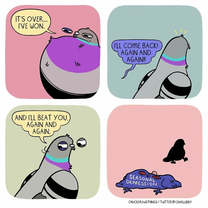 Illustration showing anxiety and depression through the perspective of a pigeon in a four-panel comic style.