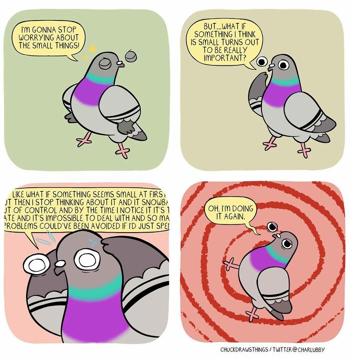 Comic strip illustrating anxiety and depression through the perspective of a pigeon struggling with worrying thoughts.