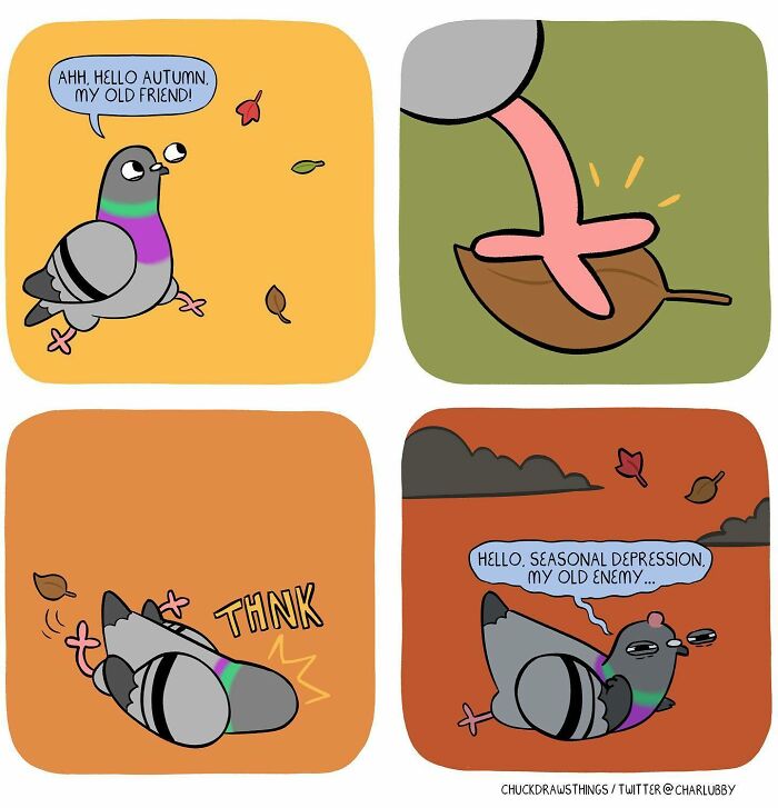 Comic panels showing a pigeon illustrating anxiety and seasonal depression through its expressions and interactions with autumn leaves.