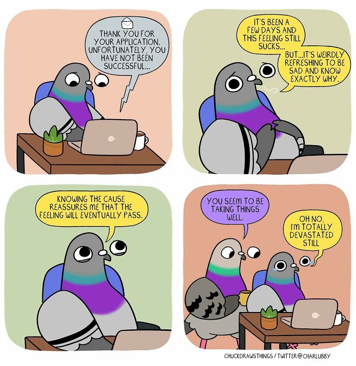 Illustration of a pigeon expressing feelings of anxiety and depression through relatable comic panels.